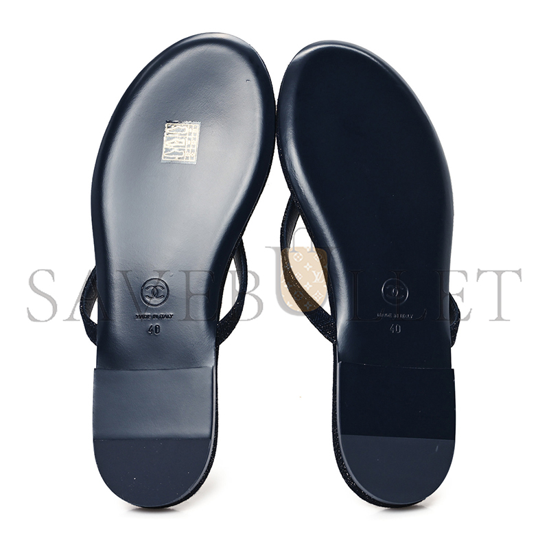 CHANEL COTTON SILK CRYSTAL CC THONG SANDALS DARK BLUE SILVER 362268